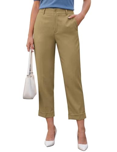 Blooming Jelly Women Dressy Capri Pants High Waist Cropped Pull On Stretchy Work Pants Ladies Trendy Office Business Casual Outfit Slacks Trousers (X-Large, Khaki) - Image 1