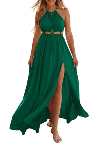 BTFBM Women Halter Summer Dresses 2026 Sleeveless Cutout Backless Sundress Slit Boho Maxi Beach Wedding Guest Dress(Dark Green, Medium) - Image 1