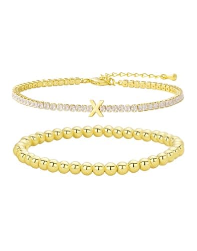 14K Gold Plated Bracelets for Women Dainty Tennis Initial Bracelet Trendy Beaded Stackable Charm Bracelets Layered Waterproof Bracelet Dainty Bracelet for Women Jewelry Gifts （X