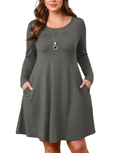 AusLook Women's Plus Midi Dress Long Sleeve Crew Neck A-Line Casual Swing Flowy Floral Vacation Boho Fall Maternity Wedding Guest Work Grey 5X 2025 Dresses - Image 1