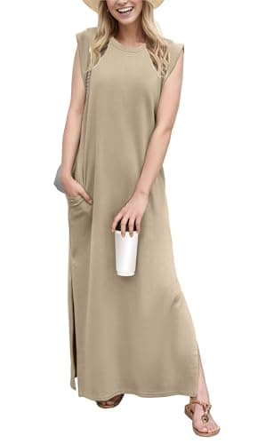 HiMONE Sleeveless Tank Dress Petite Length Dress Casual Summer Dress for Women Loose Fit Vacation Style Khaki - Image 1