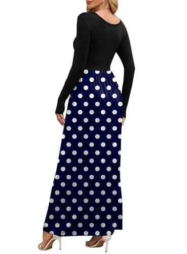 DEARCASE Long Sleeve Maxi Dresses for Women Blue Polka Dots Small Round Neck Boho A-line Casual Hawaiian Sundress Flowy Elegant Party Vacation Spring Summer Beach Long Sun Dresses with Pockets - Thumbnail 2