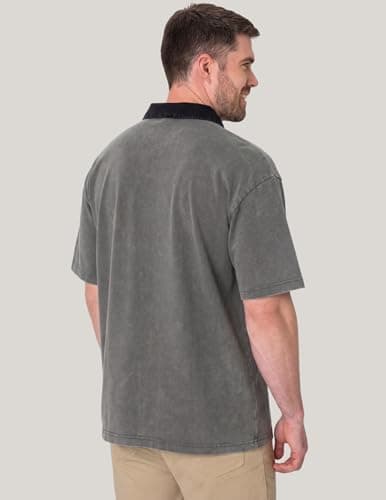 Vamtac Mens Oversized Polo Shirts Vintage Y2k Shirt Acid Wash Heavyweight Cotton Tee Short Sleeve Streetwear Tops Grey - Thumbnail 6