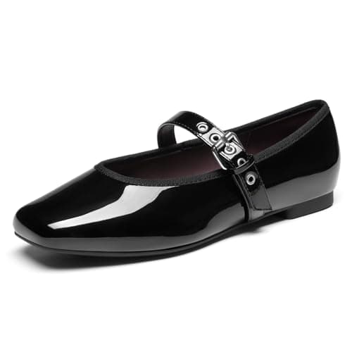Rihero Black Ballet Flats for Women Comfortable Square Toe Buckle Strap Dressy Casual Ballerina Mary Jane Flats Shoes Size 5.5 - Image 1