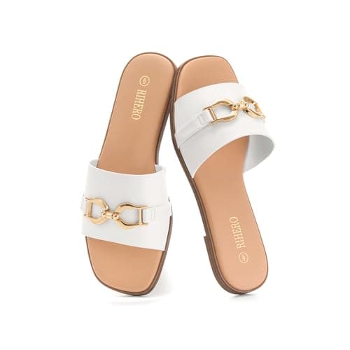 Rihero Flat Sandals for Women Dressy Square Peep Toe Summer Slides Comfortable Slip On Leather White Sandals Size 6 - Thumbnail 6