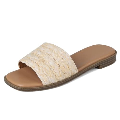 femflame Flat Sandals for Women Slide Sandals Women's Espadrilles Sandals Summer Comfort Sandals Beige Woven Slip on Shoes with Open Square Toe for Beach Walk Shopping Work - Image 1