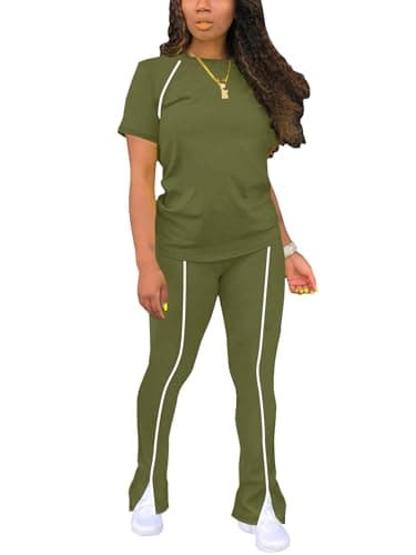 STOLKISS Lounge Sets for Women 2 Piece Summer Casual Crewneck Jogger Workout Outfits Short Tops Long Pants Sweatsuit Leggings Sets Green M - Image 1