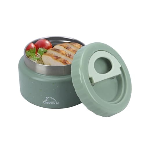 Clevakid Thermal Stainless Steel Food Jar, 8 oz, Vacuum Insulated, Leakproof, Easy to Open, for Hot and Cold Food, for Adults, Preschool and School (Green Olive stars Design) - Image 1
