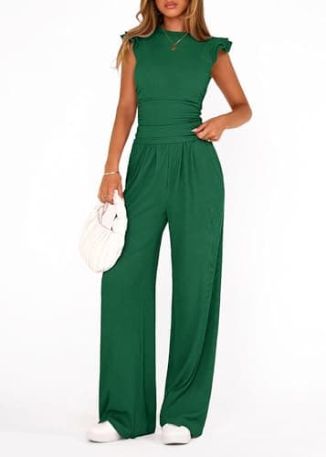 KIRUNDO Two Piece Sets For Women Dressy 2026 Summer Cap Sleeve Cute Tops Wide Leg Pants Spring Matching Set Vacation Outfits(Green, XX-Large) - Thumbnail 6