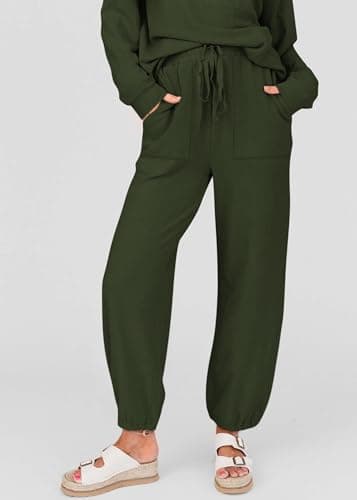 KIRUNDO Lounge Sets for Women 2026 Fall Airport Travel Outfits Ribbed Knit Tops Jogger Pants Tracksuit Postpartum Comfy Set(Army Green, Large) - Thumbnail 5