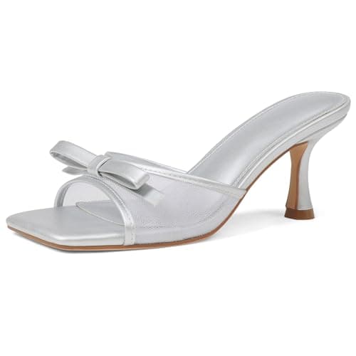 Attiposh Silver Heels Kitten Heel for Women Open Square Toe Heeled Sandals Bow Mesh Mules Slip On Heels Summer Dress Shoes for Party Prom,Size 8 - Image 1