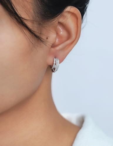 IMOLOVE Moissanite Hoop Earrings for Women, 0.7 Carat Trendy Triple Hoop Huggies Sterling Silver Fashion Hypoallergenic Hoop Earrings with 18K White Gold Plated - Thumbnail 5