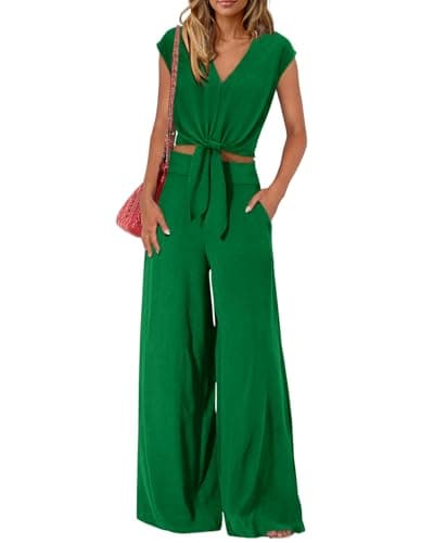 PRETTYGARDEN Women's Summer 2 Piece Outfits 2026 Cap Sleeve V Neck Belted Crop Tops Wide Leg Pant Sets Casual Tracksuit(Solid Green,X-Large) - Image 1