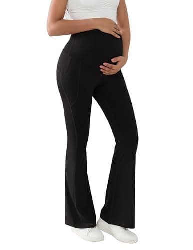 BRATUC Maternity Yoga Pants Flare Leg Pregnancy Yoga Leggings Over Belly Buttery Soft Bootcut Pants for Work (Medium, Black) - Thumbnail 5