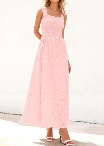 KIRUNDO Summer Lace Dress Vacation Outfits for Women 2026 Wedding Guest Dresses Maxi Beach Boho Sleeveless Cotton Sundress (Pink, Small) - Thumbnail 5