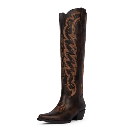 Modatope Chocolate Cowboy Knee High Boots Embroidered Pull on Cowgirl Boots Women Retro Pointed Toe Wide Calf Chunky Heel Western Boot Size 10 - Image 1