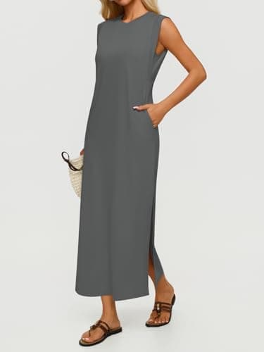 REORIA Women's Summer Vacation Long Maxi Dress Casual Sleeveless Sundresses Beach Tank Dresses with Pockets Thyme Medium - Thumbnail 3