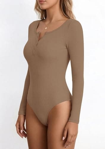 PRETTYGARDEN Long Sleeve Bodysuits for Women 2026 Ribbed Knit Henley Button Up Slim Fitted Basic Tops Spring Fashion Clothing (Light Khaki,Small) - Thumbnail 3