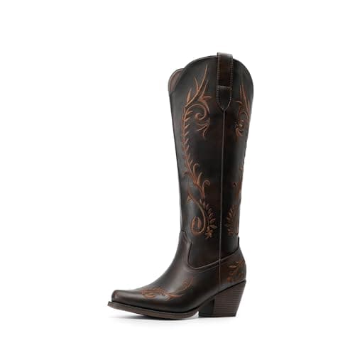 DREAM PAIRS Womens Cowboy Boots Knee High Western Retro Embroidered Cowgirl Boots Comfortable Square Toe Tall Boots,Size 6.5,Dark Brown,SDKB26003W - Image 1