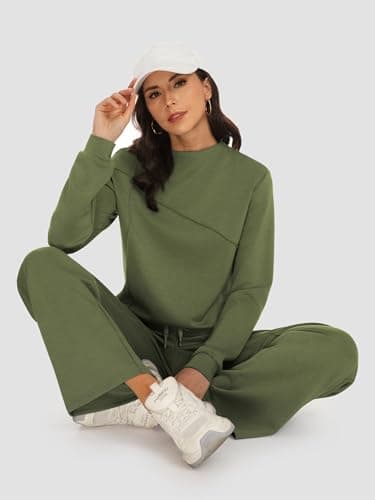 Casly Lamiit Womens Two Piece Lounge Set Fall Casual Travel Outfits Mock Neck Sweatshirt Wide Leg Pants 2025 Matching Airport Tracksuit Army Green XL - Thumbnail 5