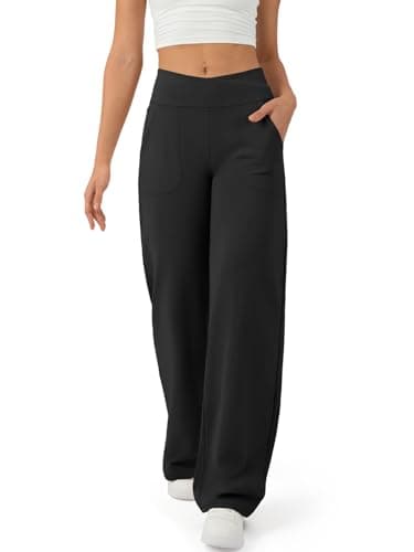 AFFOLE Wide Leg Pants for Women Flare Dress Yoga Pants with Pockets Stretchy Lounge Business Casual Work Pants Black - Image 1
