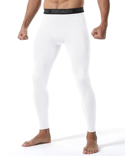 RIKUAOU Men’s Compression Pants Running Leggings Athletic Base Layer Workout Tights with Pockets for Sports Basketball White - Thumbnail 2
