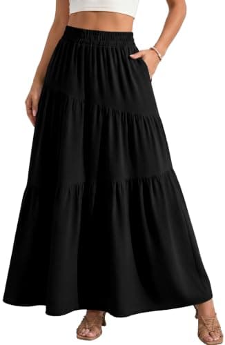 GRECERELLE Women's Balck Maxi Skirt Casual Flowy Tiered A-Line Elastic High Waist Long Skirts with Pockets for Summer Beach Vacation, M Black