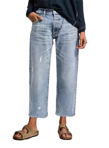 EVALESS Jeans for Women Casual Stretchy Wahed Distressed Ripped Raw Hem Mid-Rise Zimbaplatinum Denim Pants Cropped Trousers Light Blue Size 12 - Image 1