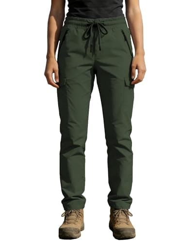 AGVNG Womens Hiking Cargo Pants with Pockets Waterproof Quick Dry Lightweight Elastic Waist Drawstring UPF 50+ Travel Work Casual Active Outdoor Army Green M - Thumbnail 2