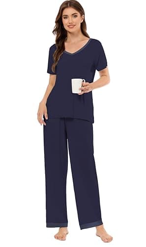 LUBOT Bamboo Viscose Pajamas for Women Soft Breathable Cooling Womens Pajama Set Two Piece PJ Sets Short Sleeve Pants Loungewear Nightwear Sleepwear (Navy Blue,S) - Thumbnail 4
