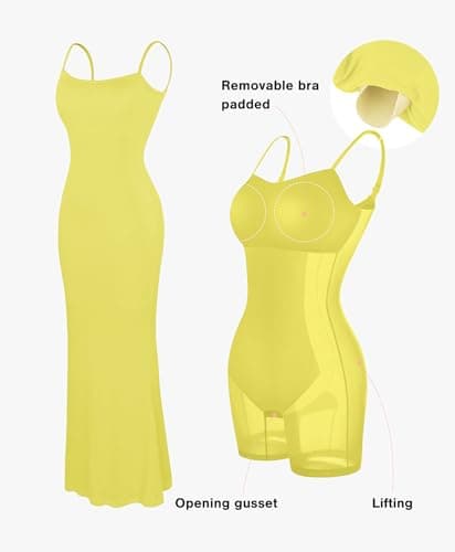 Popilush Womens Summer Yellow Maxi Dress Built in Bra Shapewear Tummy Control Bodycon Spaghetti Strap Ribbed Formal Party Dresses - Thumbnail 3