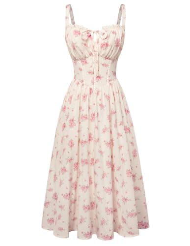 Scarlet Darkness Women 2026 Floral Corset Dress Summer Milkmaid Sundress Wedding Guest Dresses with Pockets White Pink Floral XL - Image 1