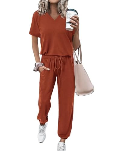 MASCOMODA Womens 2 Piece Outfits Summer Casual V Neck Short Sleeve Tops Long Pants Tracksuit Lounge Jogger Set with Pockets(Brick Red,Small) - Image 1