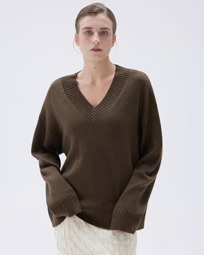 SUUKSESS Women Cashmere Oversized Sweaters V Neck Pullover Tops Fall Winter Long Sleeve Jumpers (Heathered Mocha,M) - Thumbnail 5