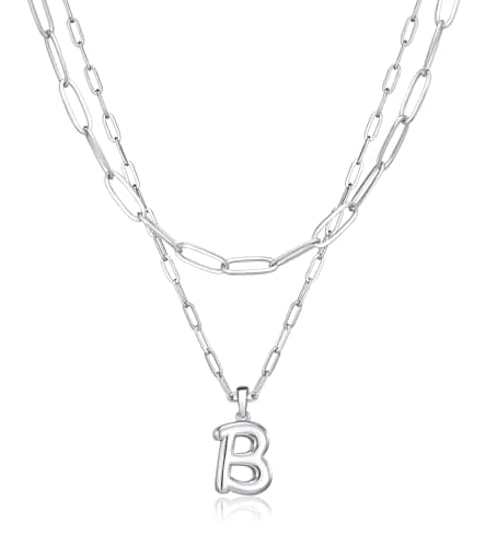 adoyi Valentines Day Gifts Silver Initial Necklace for Women 14k Gold Plated Layered Bubble Letter Necklaces Trendy Jewelry Chain Name B Pendant Necklace Stack Birthday Valentines Day Gifts