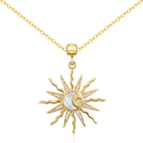 Aohik 14K Gold Plated Sunburst Necklace for Women, Sun and Moon Necklace Pendant with Mother of Shell and Cubic Zirconia Jewelry for Gifts - Image 1