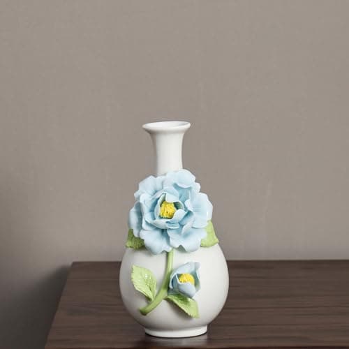 Handmade Pinched Flowers Ceramic Vase with One Ceramic Rose Flower, Home Decor Ceramic Vase for Dining Table, Living Room, Kitchen, Bedroom, Shelf, Office, Coffee Table, Restaurant & Fireplace Mantel - Thumbnail 5