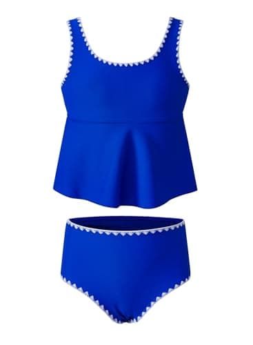 blibean Tween Girls Swimsuits Two Piece Ruffle Tankini Sets Teen Bathing Suits Big Kids Cute Colorblock Swimwear Padded Modest Swimming Suit Traje Baño Niñas Size 12-13 Year Old Royal Blue - Image 1