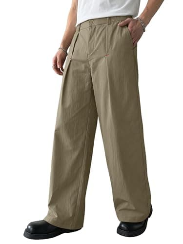 Crastimo Men Baggy Wide Leg Pants Zipper Fly Semi-Elastic Waist Open Bottom Dress Slacks Suitable Business Leisure Valentines Day Gift Khaki L - Image 1