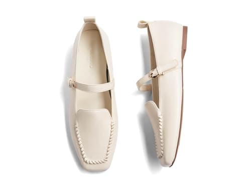 Coutgo Womens Ballet Flats Loafers Square Toe Comfortable Dressy Work Office Shoes Mary Jane Flats, Cream White, Size 11 - Image 1
