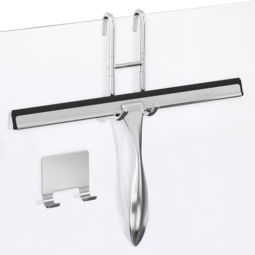 Shower Door Squeegee with Adhesive & Hanging Hooks, 12" Silicone Blade - Stainless Steel All-Purpose Squeegee for Shower Glass, Bathroom Mirror Cleaner Tool Suitable for Tile Walls - Multi-Surface Use - Image 1