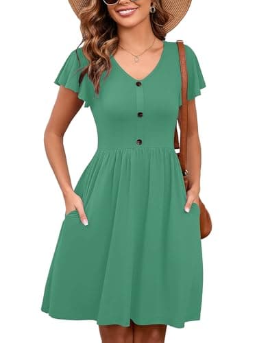 Heymoments Women Summer Dress Malachite Green Small Ruffle Sleeve V Neck Casual Cute Loose Sundress Comfy Swing Button Down Midi Work Flowy Tunic Ladies Beach Vacation Teacher Dresses with Pockets - Image 1