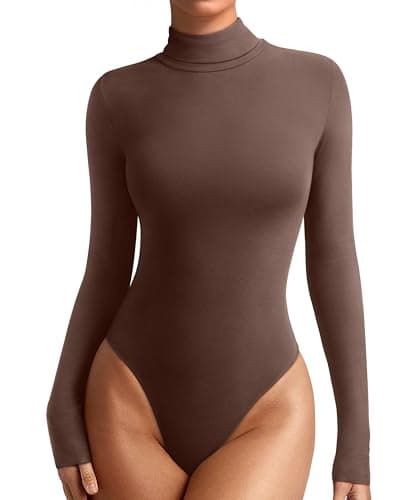 REORIA Womens Turtleneck Long Sleeve Tight Shirts Basic Tummy Control Bodysuit Thermal Underwear Tops Fall Clothes Shaved Chocolate Medium - Image 1
