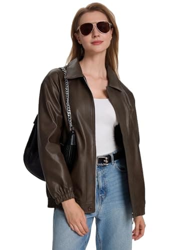 Moreone Faux Leather Jacket Women Oversize Leather Bomber Jacket Zip Up Going Out Jackets for Women 2026 Fall Fashion Moto Jacket coffee S - Thumbnail 3