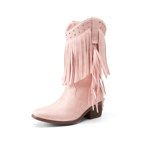DREAM PAIRS Girls Cowboy Boots with Tassel Fringe Cowgirl Boots Kids Western Boots Stylish & Comfortable,Size 4 Big Kid,Pink,KKUMMB2508 - Image 1