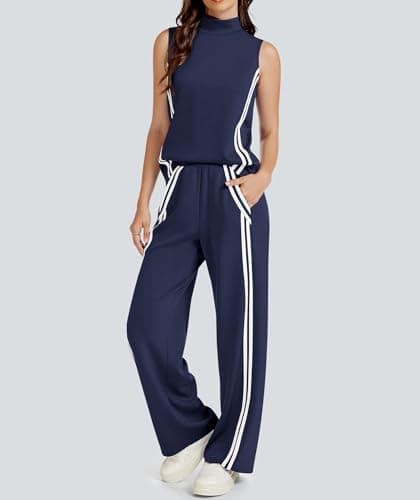 Casly Lamiit Two Piece Lounge Sets for Women Travel Outfits Casual Track Suit Sleeveless Tops Wide Leg Pant Summer Tennis Set Activewear Navy Blue L - Thumbnail 4