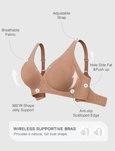 VRVOICE Jelly Wireless Bras for Women Push Up Deep V No Underwire Seamless Plunge Bralettes Comfort Supportive Tshirt Bra, Coffee Medium - Thumbnail 6