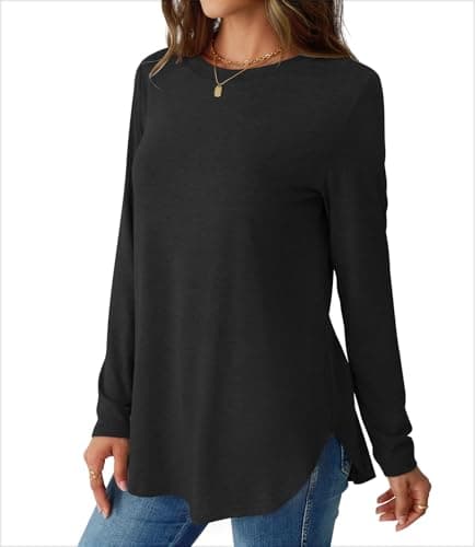 NORACORA Womens Long Sleeve Round Neck Shirts Side Split Basic Loose Tunic Tops Casual 2025 Trendy T Shirts Blouse Black S - Thumbnail 3