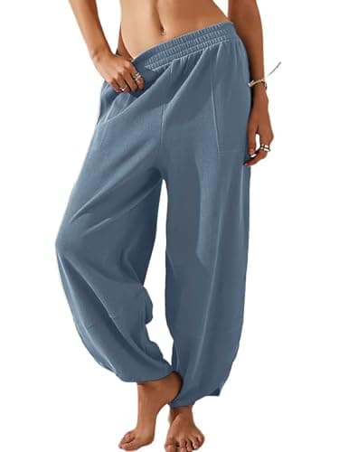 EGUGYDW Womens Baggy Wide Leg Pants Elastic High Waisted Palazzo Harem Trousers With Pockets Blue S - Image 1