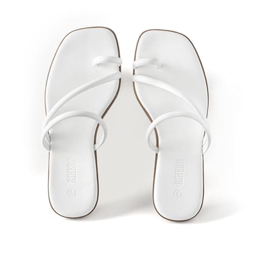Rihero Womens White Slide Sandals Beach Square Toe Thong Flat Sandals Slip On Comfortable Dressy Summer Strappy Flip Flops Size 9.5 - Thumbnail 5